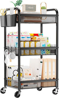 YASONIC 3-Tier Rolling Cart - Metal Utility Storage with Wheels & Hooks | Black Craft Organizer
