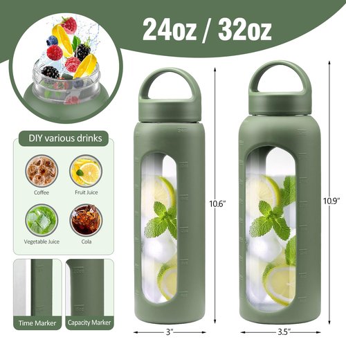 WINSA 32 oz Glass Water Bottle, 1 Liter Glass Tumbler with Straw, Reusable Drinking Bottles with 2 Lids-Handle Lid&Bamboo Straw Lid, Silicone Sleeve, for Sports, Home,1 Pack-Olive