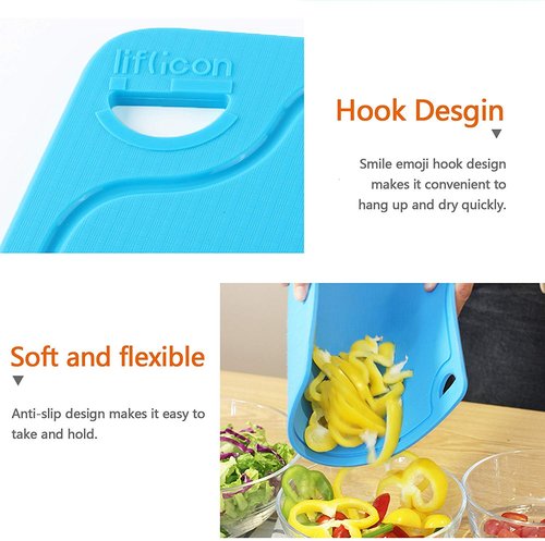 Liflicon Silicone Thick Cutting Boards Mats Set of 3pcs Foldable & Flexible Design Juice Grooves Easy Grip Handle Dishwasher Safe for Kitchen,BPA free Chif-Blue