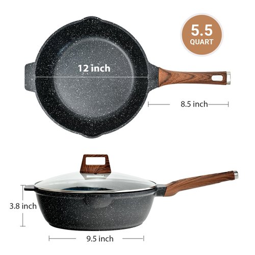 MOJIRE Deep Frying Pan Nonstick with Lid and Spatula, 12 inch / 5.5 Quart Saute Pan, Non Stick Granite Stir-Fry Chef Skillet with Scrub Sponge, Gas Induction Stovetops Compatible