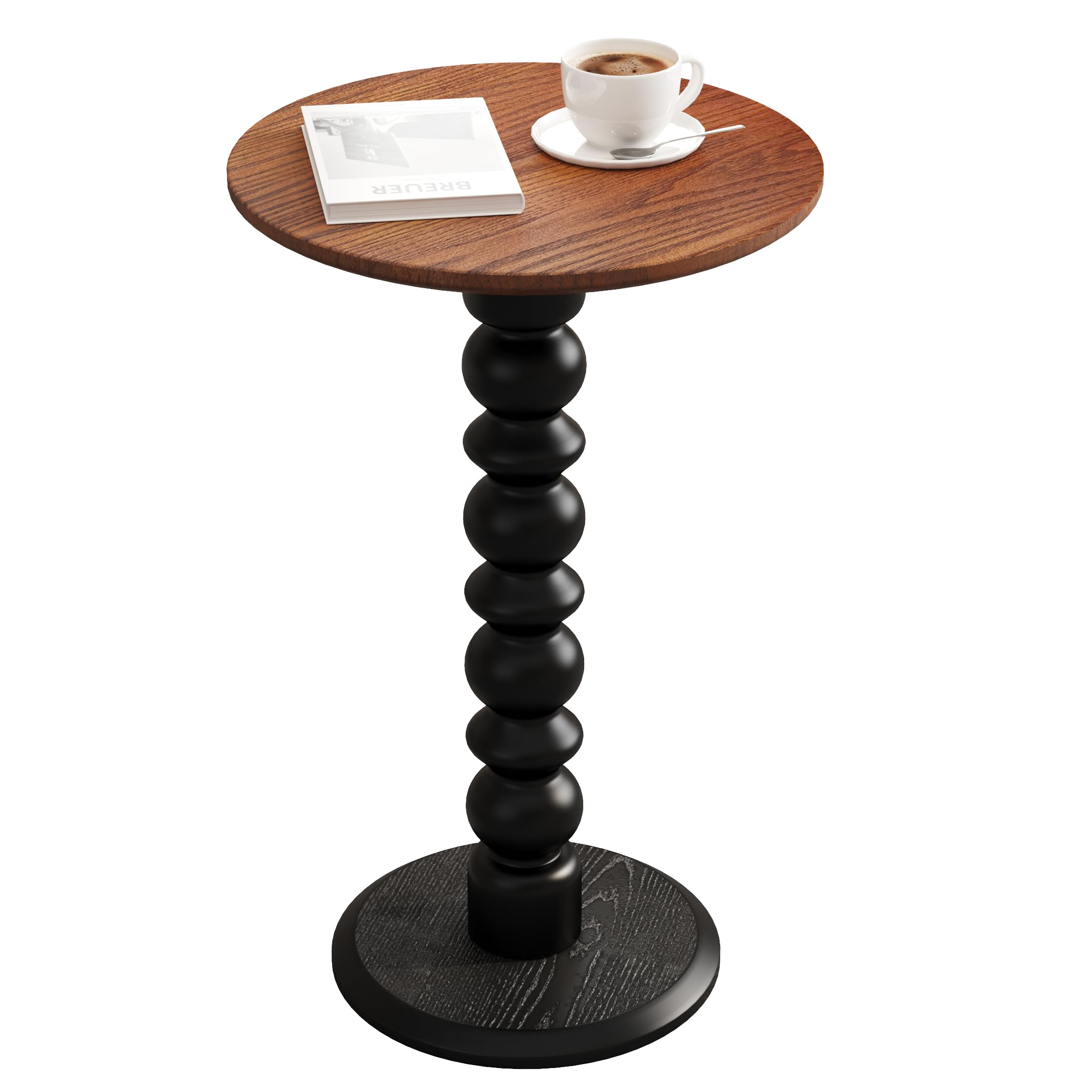 zaowofires Solid Wood Round Side Table, Small Drink Table,Cocktail Table, Wooden Pedestal End Table, Plant Stand for Living Room, Bedroom，Office and Corners(Walnut/Black)