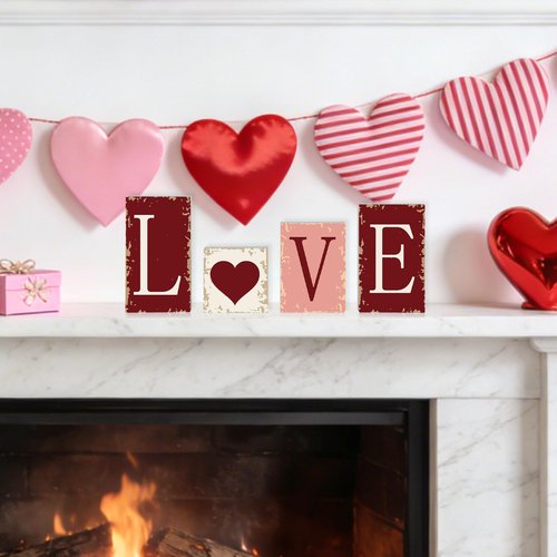 4PCS Valentine's Day Tiered Tray Decor Rustic Valentines and St. Patrick's Love Luck Wooden Blocks Signs for Home Mantel Office Shelf Decor (Colorful)