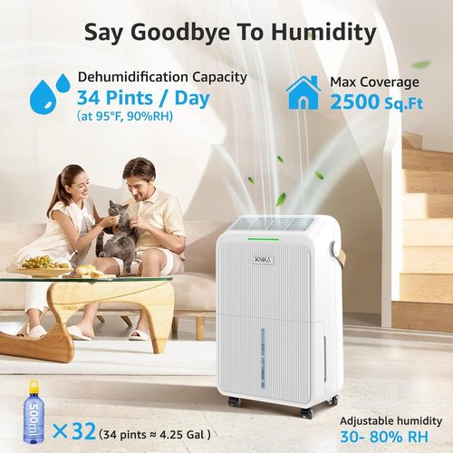 KNKA Dehumidifier - 2500 Sq.Ft Capacity with Drain Hose | Intelligent Humidity Control & 24HR Timer