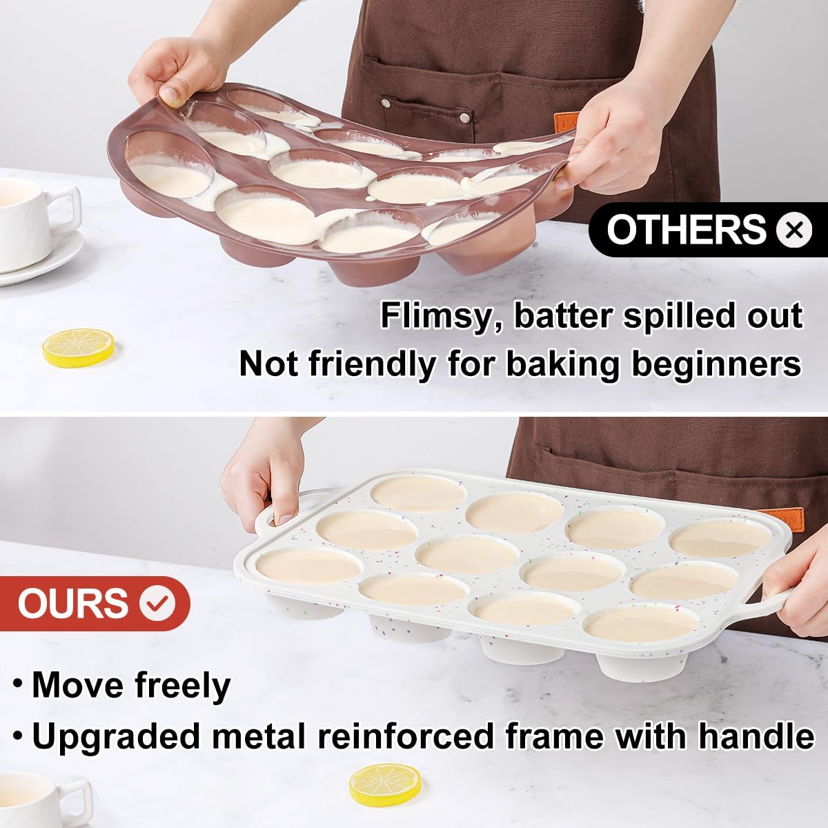Skiennix Silicone Muffin Pans - Nonstick 12-Cup Molds with Metal Reinforced Frame | 2.8 Inch, BPA Free, Dishwasher Safe