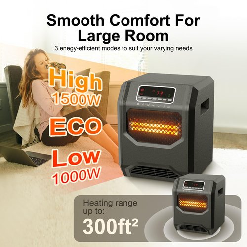 Infrared Space Heater 3 Mode 1500W Electric heater with 6 Quartz Infrared Element Child Lock Timer Remote for Indoor Use WEWARM