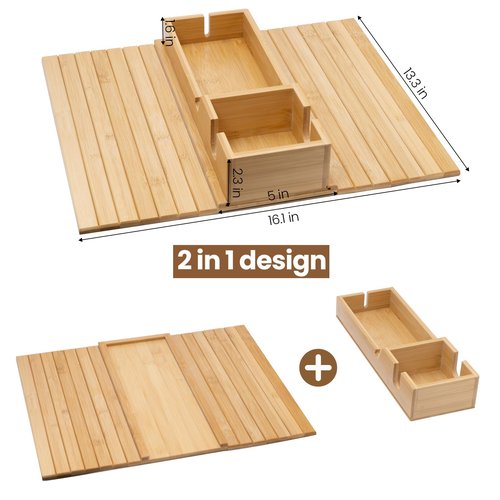 Bamboo Sofa Armrest Tray - Couch Arm Tray with Detachable Couch Cup Holder - 2 in 1 Anti-Slip Foldable Sofa Armchair Caddy Table - Cup Holder for Drinks Cellphone Snacks, Remote