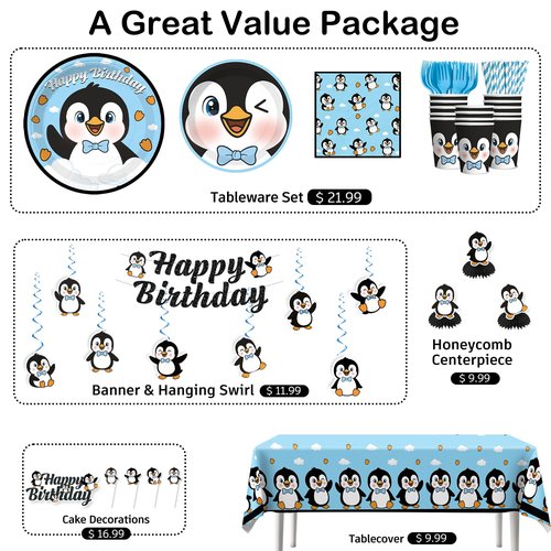 Xynic 179pcs Penguin Birthday Decorations Tableware Complete Party Set, Penguin Party Decorations Serves 25 Guests, includes Penguin-Theme Paper Banner Cake Topper Balloons Plates Napkins Cups, etc