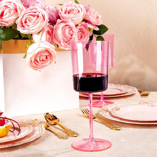 Ciaell 12 Pack Pink Plastic Wine Glasses - 14Oz Plastic Wine Glasses with Stem - Disposable Stemmed Wine Glass for Parties & Weddings & Outdoor & Easter