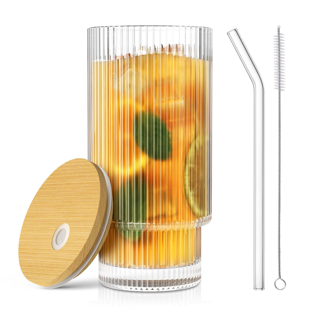 CWHHRN 16OZ Glass Cups with Lids and Straws, Vintage Glassware for Whiskey Cocktail Beer, Iced Coffee Cups with Lid, Glass Tumbler with Straw and Lid (2 PACK)