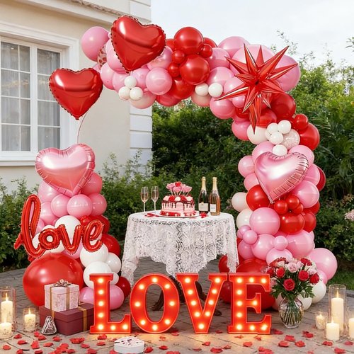 Pink Balloons Garland Kit, Red Pink White Balloons Arch Kit with Red Heart Love Lips Foil Balloons Explosion Star Balloons for Anniversary Galentines Wedding Romantic Decorations