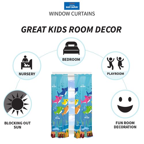Franco Kids Room Window Curtain Panels Drapes Set, 82 in x 63 in, Baby Shark