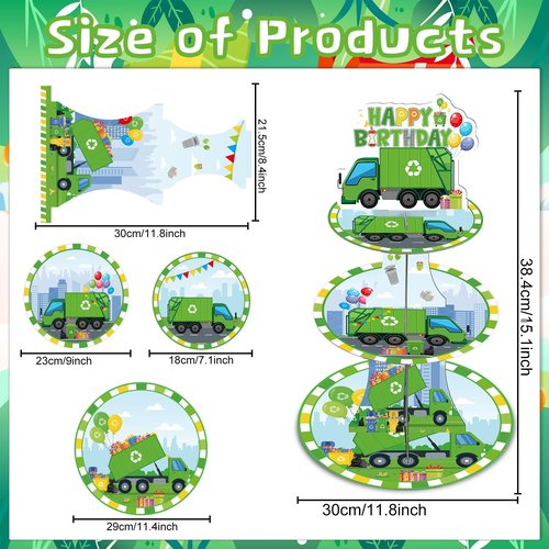 Keluna Trash Truck Birthday Decorations - 3 Tier Garbage Truck Cupcake Stand for Boys Birthday Party Table Decor, Trash Truck Party Supplies Dessert Cake Holder
