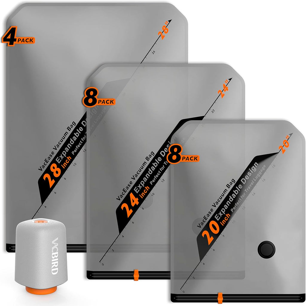Vacbird Rechargeable Wireless Pump Travel Storage Bags - 20 Pack Portable Vacuum Compression Bags for Clothes & Blankets