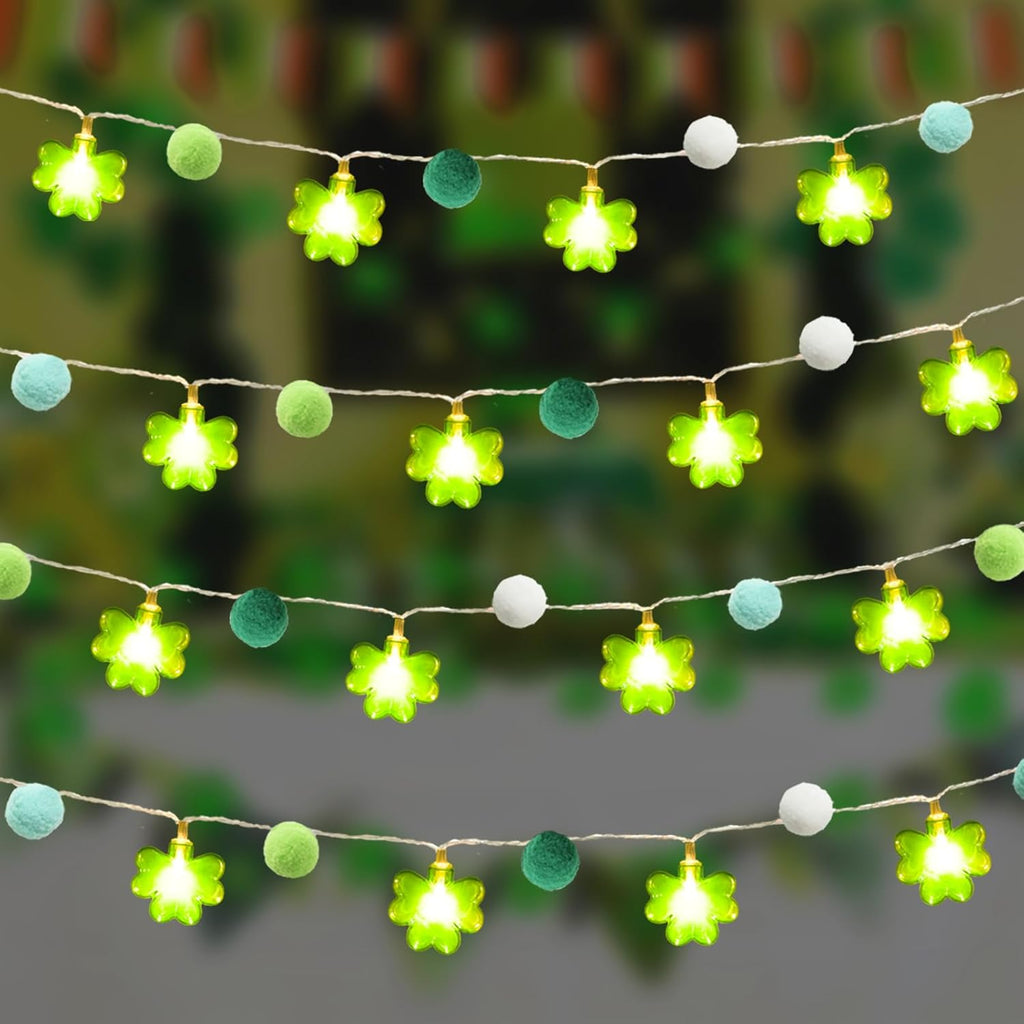 Skiennix St. Patrick's Day Garland Lights - 20 LED Shamrock Pompoms with Timer | 9.85ft Green Decor