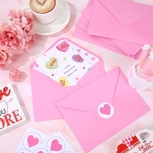 Whaline 50 Pcs Valentine's Day Invitation Envelopes Greeting Card Holders Pink Heart V-Flap Envelopes Card Sleeves with Stickers for Wedding Mother's Day Baby Shower, 5.3 x 7.3 Inch