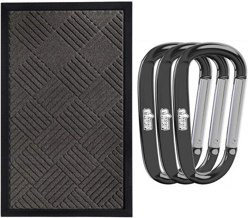 GORILLA GRIP WeatherMax Doormat - Heavy-Duty 17x29 Inch Gray Diamond + 3-Pack Black Carabiner Clips