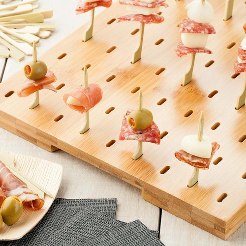 Restaurantware 14" x 10" Rectangular Bamboo Paddle Food Skewer Holder: Perfect for Cocktail Parties and Catering Events - Biodegradable Paddle Pick Stand and Food Display - 90 Holes - 1-CT