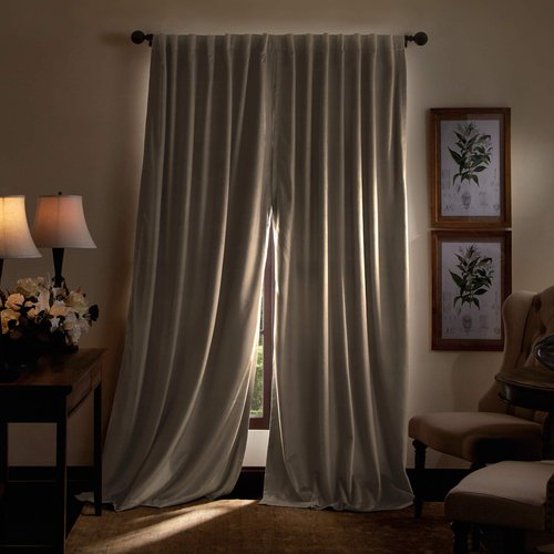Martha Stewart Lucca Velvet Blackout Back Tab Window Curtain Panel Pair, 84", Linen Beige