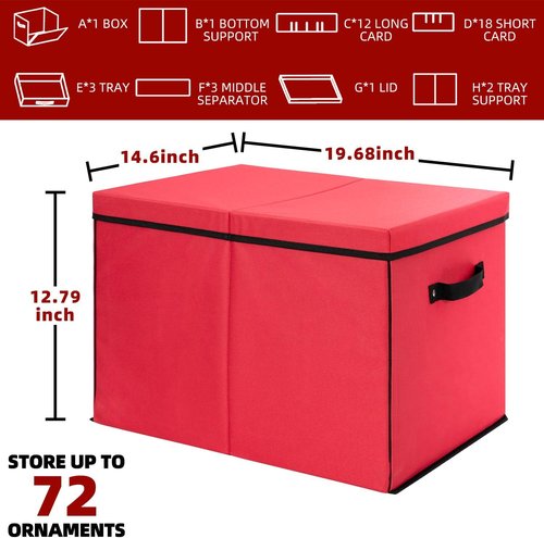 Inin Christmas Ornament Storage Box - Adjustable Dividers & Stackable Design | Holds 72 Balls, Red
