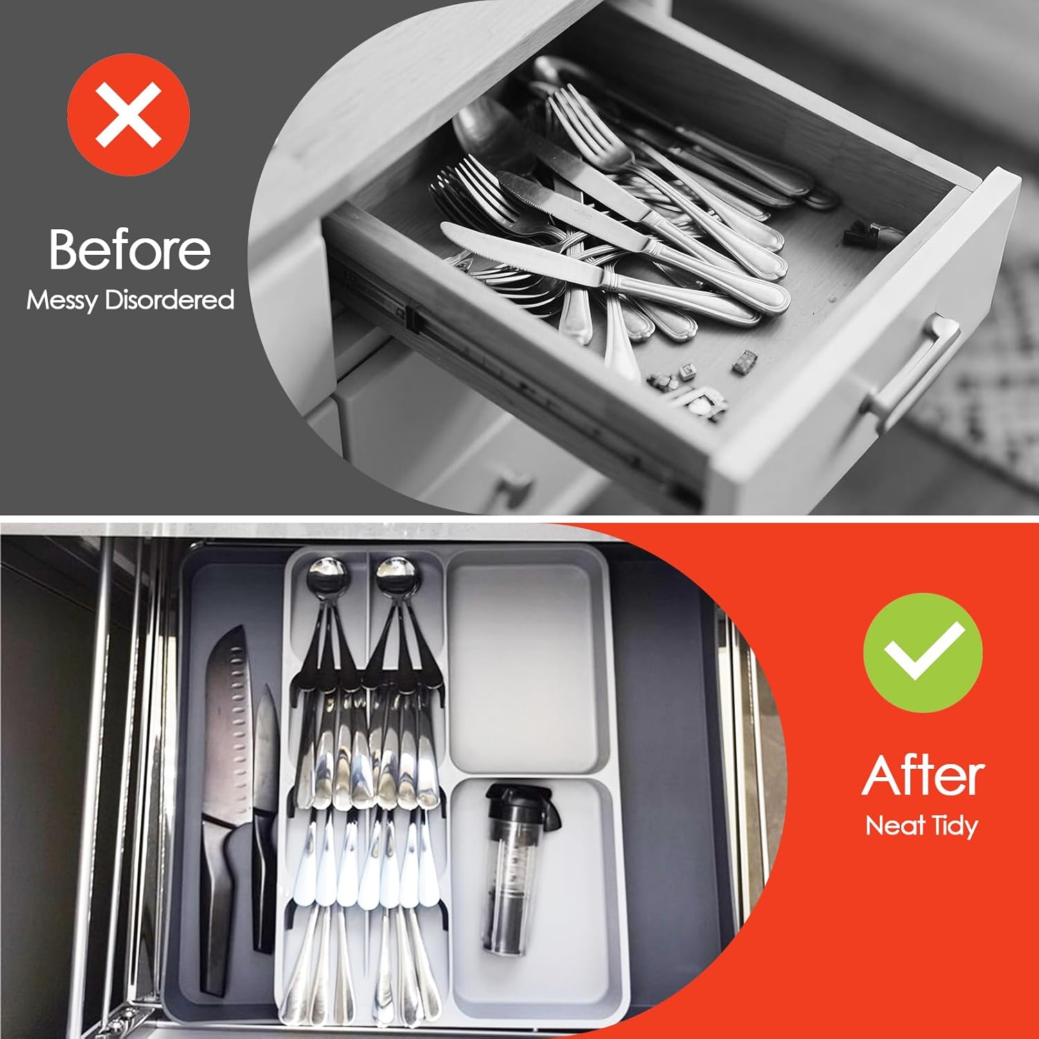 Skiennix Expandable Cutlery Drawer Organizer - Adjustable Plastic Utensil Tray for Forks, Spoons & Knives - Large Grey