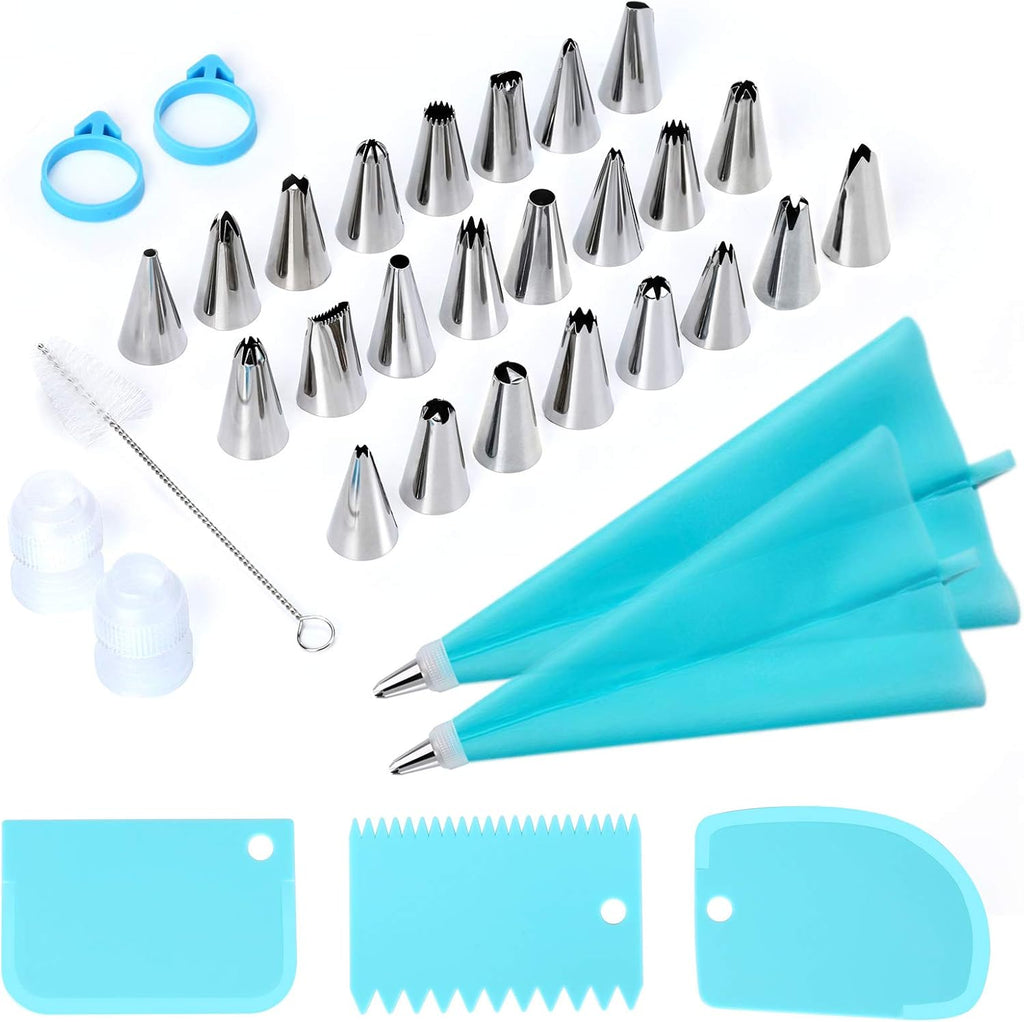 Skiennix 34-Piece Cake Decorating Set - 24 Stainless Steel Tips, 2 Silicone Bags & Icing Smoothers