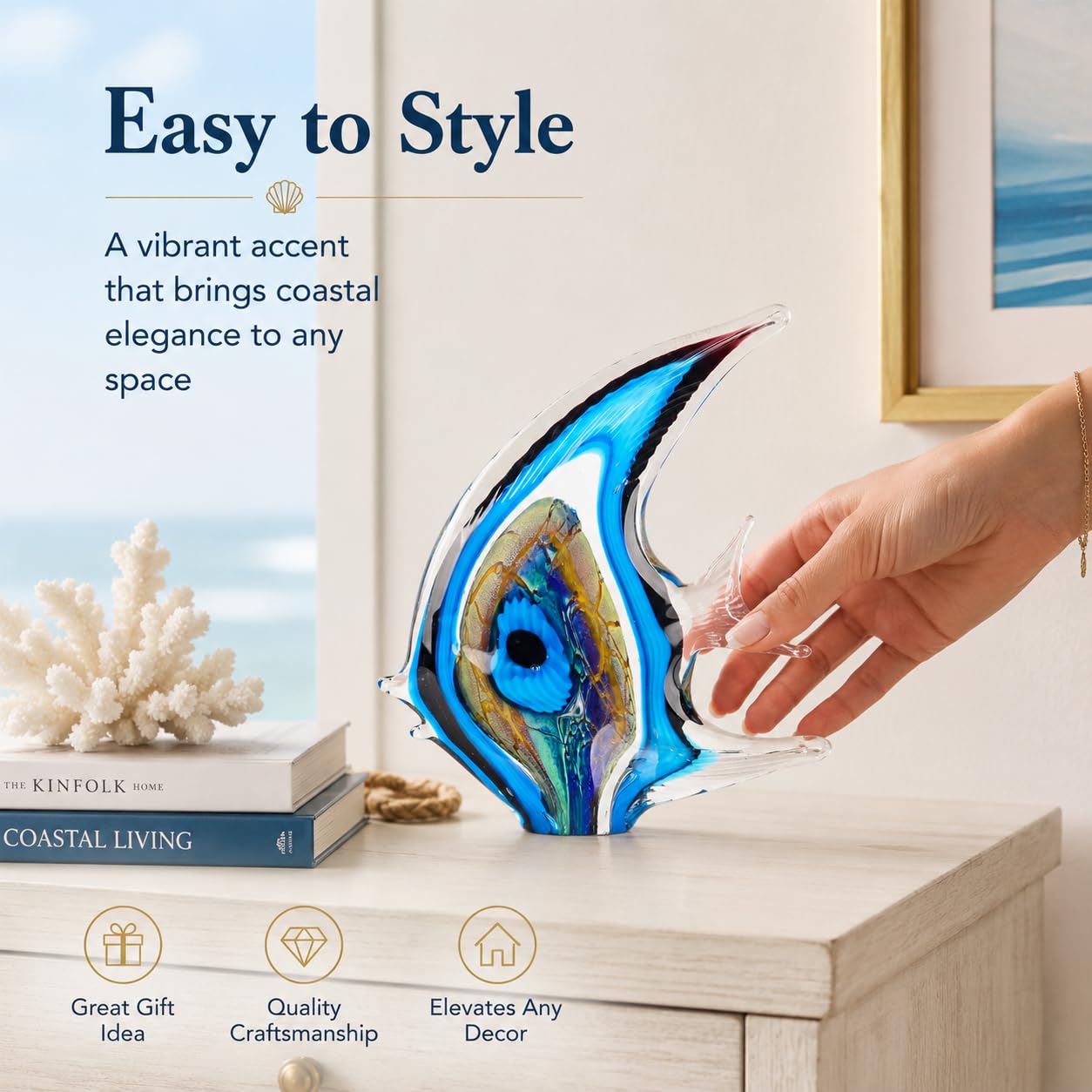 XMGZQ Hand Blown Blue Glass Fish Figurines for Home Decor Accent,Sea Glass Art Paperweights,Tropical Fish Collectables Ornaments,Sea Animal Sculptures for Coastal Beach Room Decor,Coffee Table