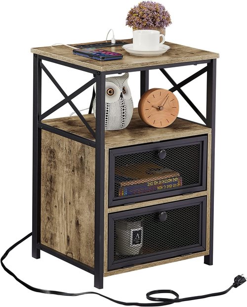 VECELO Dust Grey End Table with USB Ports and Outlets,24 Inch Nightstands with Charging Station and Storage Shelf for Bedroom,Living Room, 1 Set