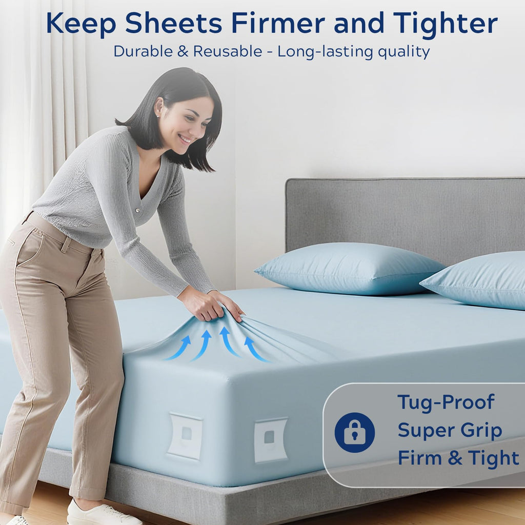 Upgrade Bed Sheet Holders for Corners: 4Pcs Fitted Lock Sheet Holders Keep Sheets Firm & Tight, Heavy Duty Bed Sheet Clips, with Clip Easy to Install for All Mattress Sizes - No More Loose Sheets