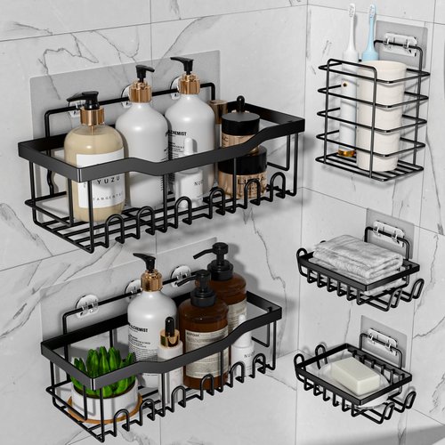 Adhesive Shower Caddy, Rustproof Stainless Steel Bathroom Organizer, Black, 5 Piece Set with 2 Shower Caddies, 2 Soap Holders, 1 Toothbrush Holder