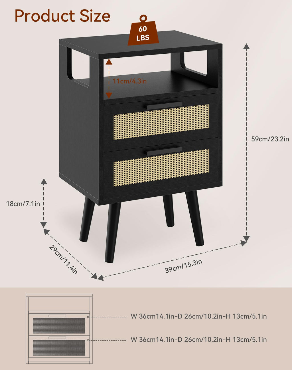 YMYNY Nightstand with 2 Drawers, Boho Side Table, Handmade Rattan Decorated, Open Shelf Unit with Arched Design, Solid Wood Legs, Storage Cabinet for Bedroom, Natural UHST015N