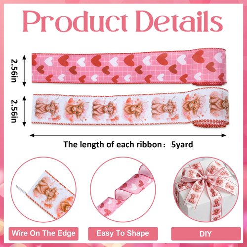 Bllavie 2 Rolls Valentine Wired Ribbon Heart and Love Plaids Fabric Ribbons Fawn Pattern Craft Ribbon for Gift Wrapping DIY Bow Wreath Craft Making