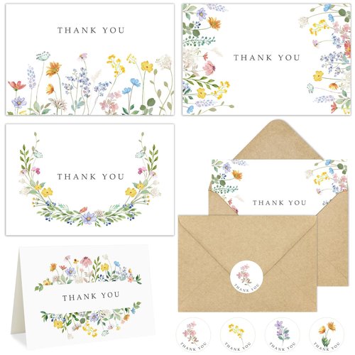 Hidreas 48 Pack Floral Thank You Cards with Envelopes, Watercolor Wildflower Thank You Notes with Kraft Envelopes Sticker for Birthday Wedding Baby Shower Bridal Shower Teachers Graduation, 4 x 6 Inch
