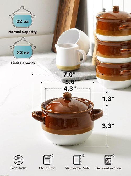 LE TAUCI French Onion Soup Bowls - 22 Oz Oven Safe Ceramic Crocks with Lids & Handles | Set of 4