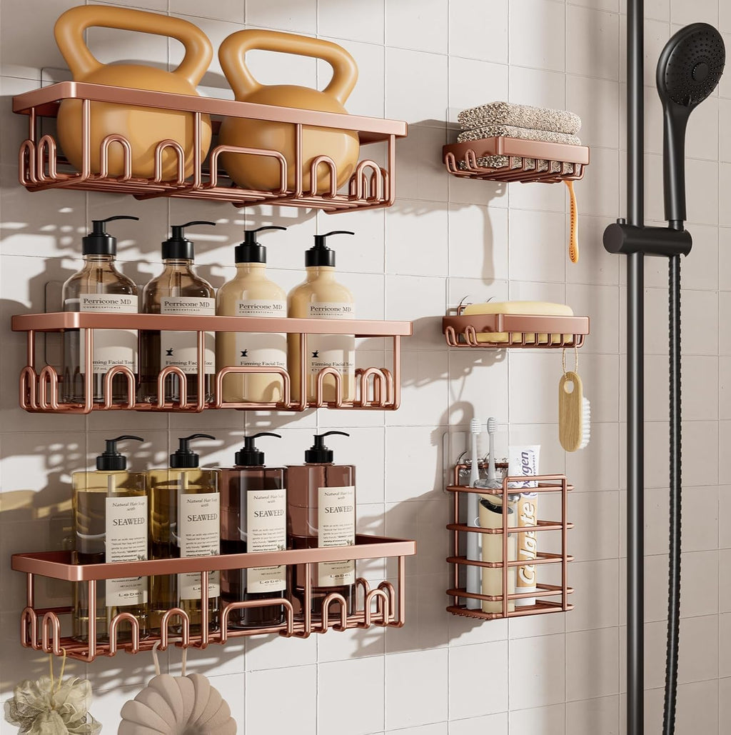 Veken Shower Caddy - Rustproof Waterproof Adhesive Shelves Rack | 6-Pack Large Capacity Rose Gold Bathroom Organizer