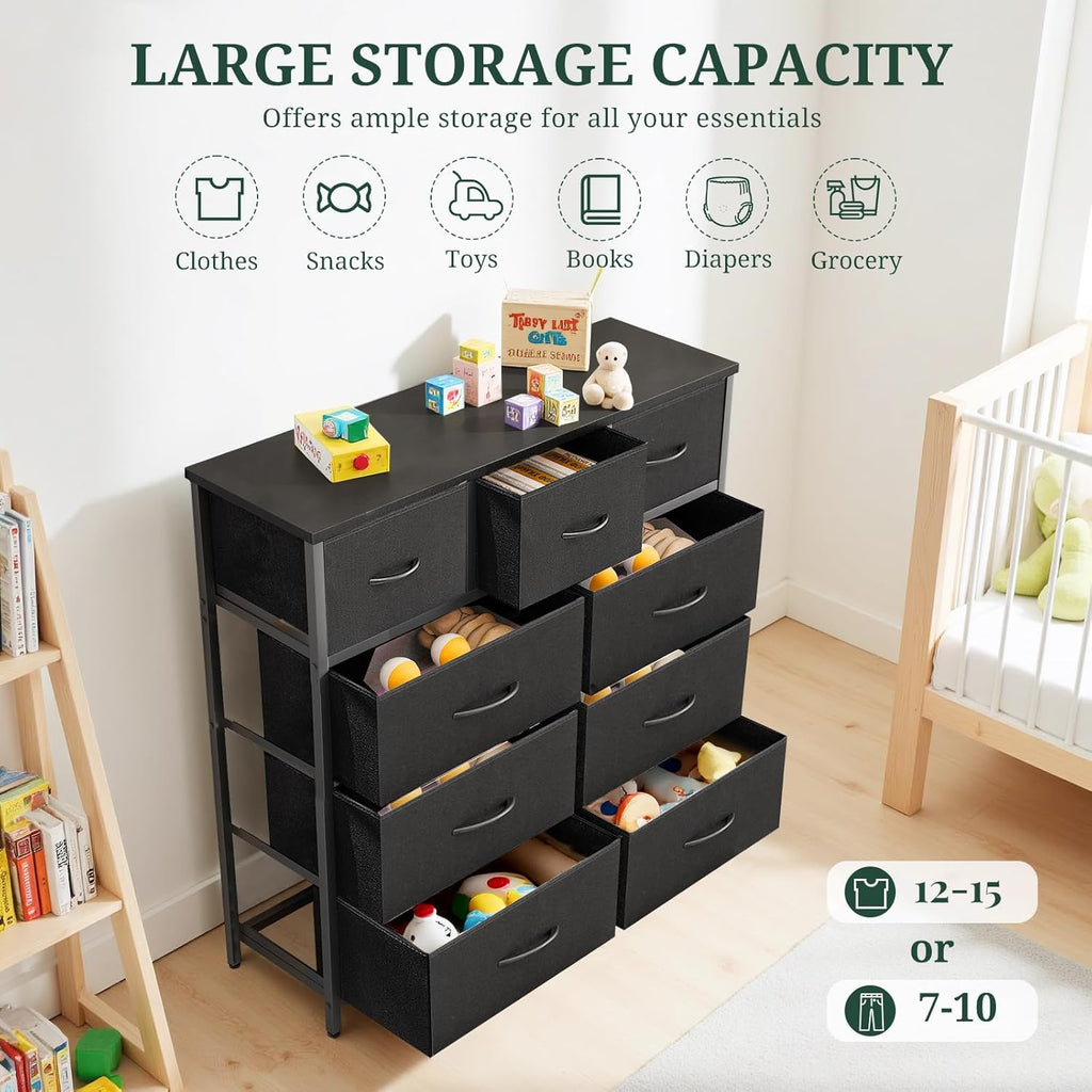 Regine Switzerland 9-Drawer Dresser - Anti-Tip Storage Organizer with Wooden Top & Metal Frame | Black