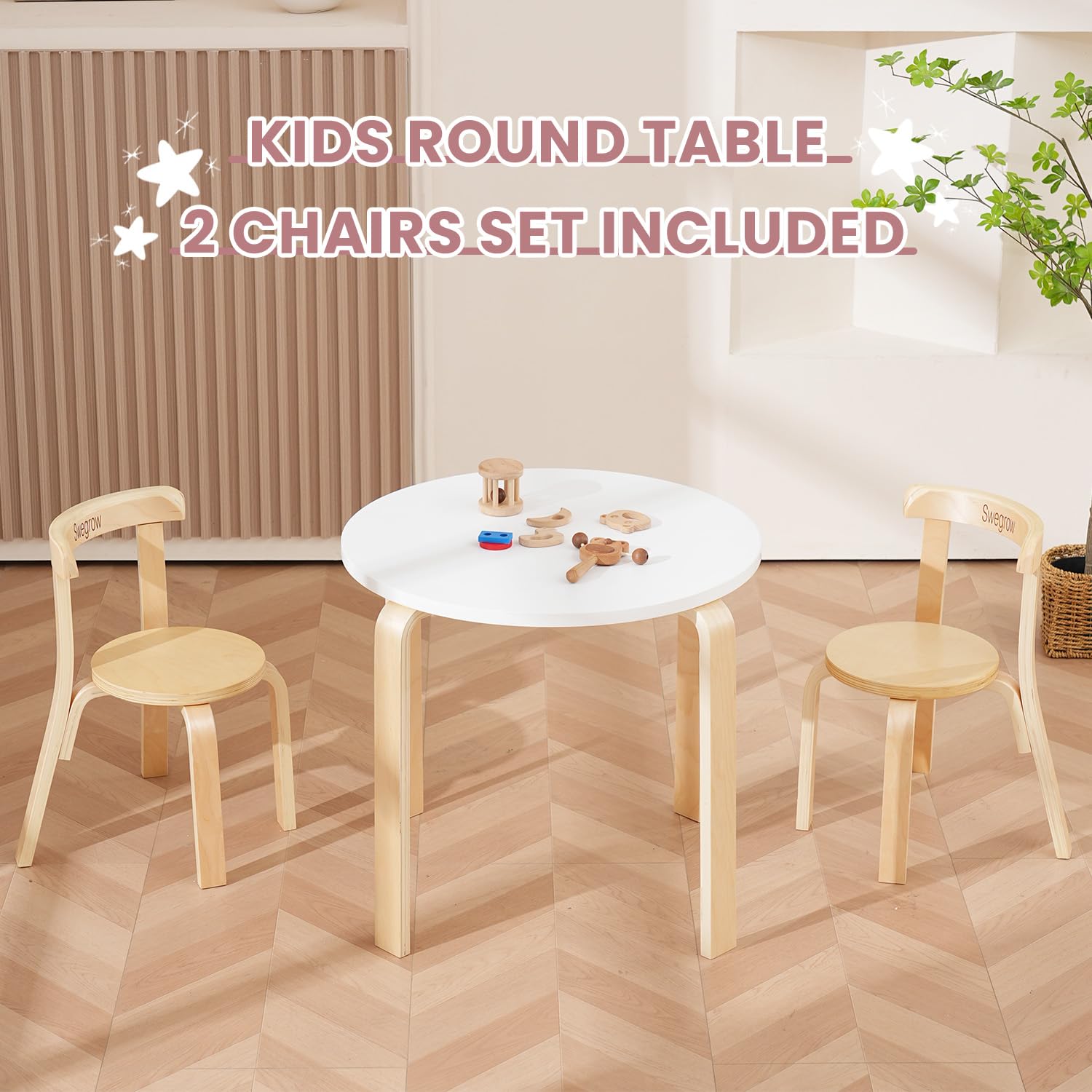 Swegrow Kids Table and 2 Chairs Set, Wooden Table and Chairs for Kids & Toddler，Kid Wooden Furniture for Playroom/Home/Kindergarten