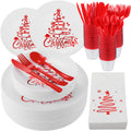 Shellwei Christmas Plastic Dinnerware Set, Xmas Disposable Plates Includes 40 Dinner Plates 40 Cup 40 Dessert Plate 40 Paper Napkins 40 Forks Knives Spoons Supplies for Christmas(Red White,Xmas Tree)