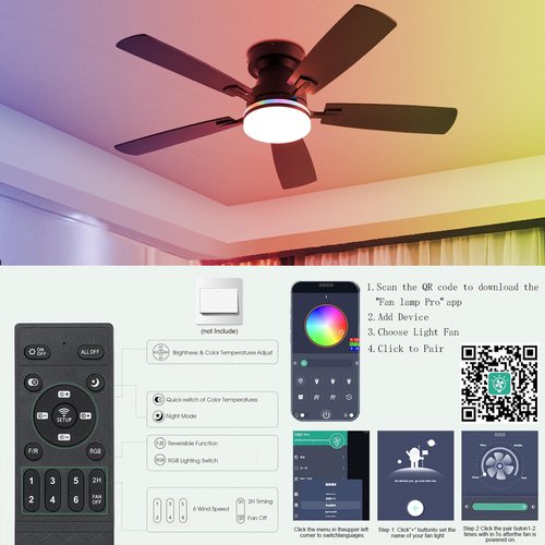 Ayaoty Ceiling Fans with Lights, 48 inch Low Profile Ceiling Fan with Light and Remote Control, Flush Mount RGB Dimmable Light, Noiseless, Black Ceiling Fan for Bedroom Indoor/Outdoor Use