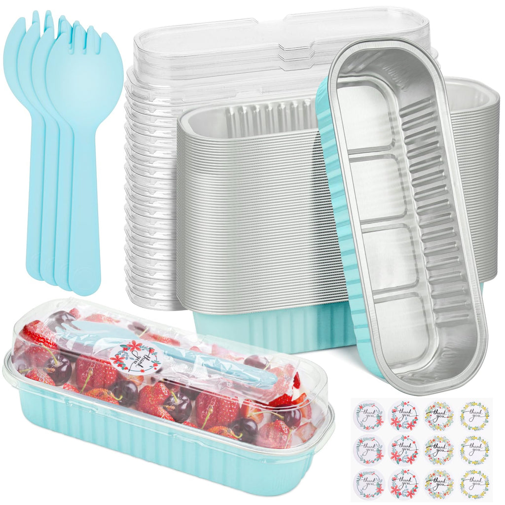 ylnurac 200Pack Mini Cake Pans Disposable Mini Loaf Pans with Lids and Spoons and Stickers, 6.8Oz Aluminum Foil Pans Tins, Individual Dessert Cups Containers for Sales,Party,Picnics Sky Blue