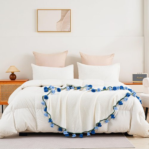 Crochet Flower Bouquet Throw Blanket, Handmade Knitted Blanket with Flowers, Cute Romantic Gift for Her Girlfriend Mom Mother’s Day Valentine Wedding Anniversary Birthday, Blue 60 Inches