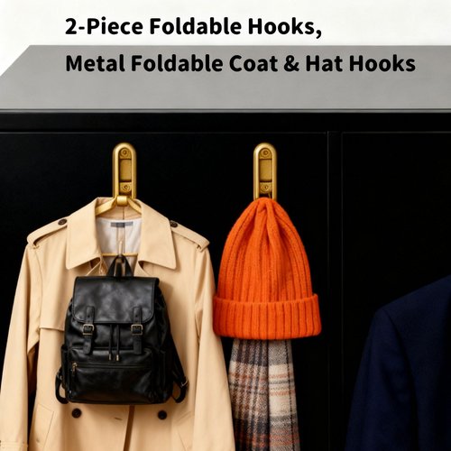 XZWEAHG 2PCS Folding Coat Hooks,Gold Wall Hooks for Hanging – 2 Folding Coat Hooks, Flip Down Heavy Duty Hooks Robe Hook Wall Mounted for Clothes, Towels, Hats & More