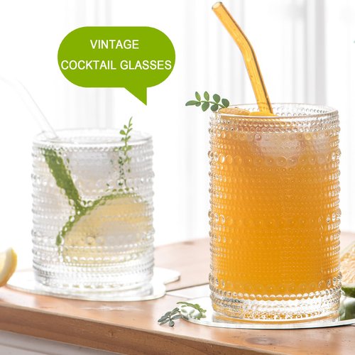 megarte Vintage Hobnail Drinking Glasses - Set of 12 Cocktail Glassware - 6 Pcs Jupiter Water Cups 14 oz & 6 Pcs Cute Beaded Bubble Textured Drinkware 11 oz for Wine Beer Juice Whiskey