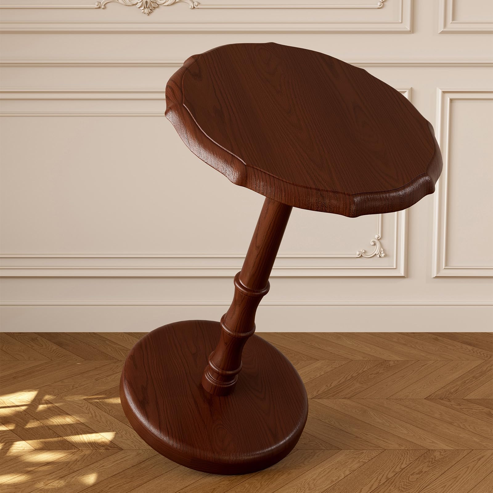 NKGIAG 100% Solid Wood Round Pedestal Side Table, Vintage End Table for Living Room Bedroom, Heavy-Duty Antique Accent Table for Corner Spaces, Small Bedside Nightstand, 5-Min Assembly, Walnut