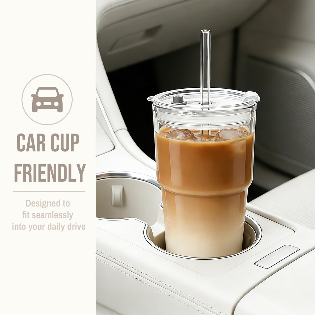 SoulTimes 20oz Glass Tumbler with Lid and Glass Straw –Set of 2, Clear Reusable Iced Coffee Cup, Drinking Glass for Coffee, Tea, Juice, Smoothies – Durable & Elegant Glassware