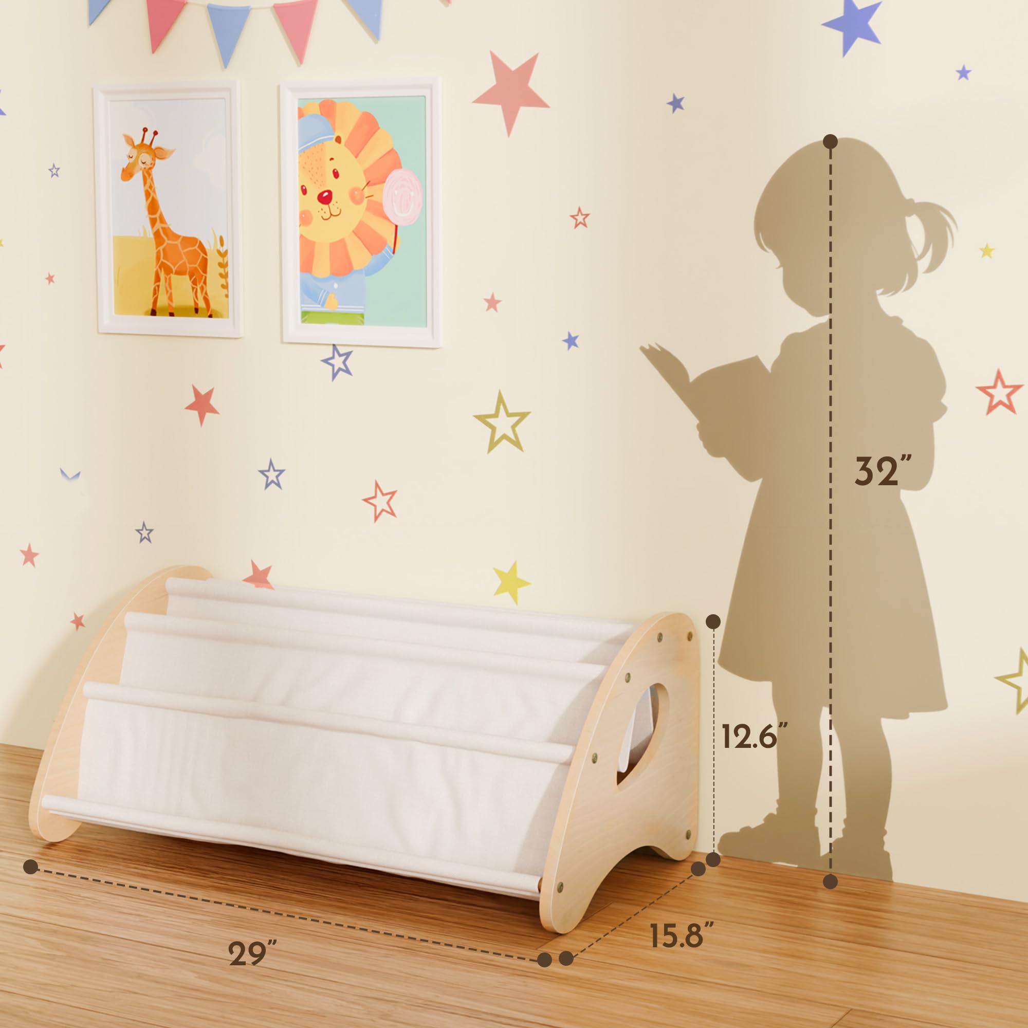 yoopin Kids Bookshelf, 4-Tier Montessori Book Shelf for Kids Rooms, Easy Installation, Eco-Friendly Wooden Storage Organizer,28.7” x 15.7” x 13.6” Natural/White