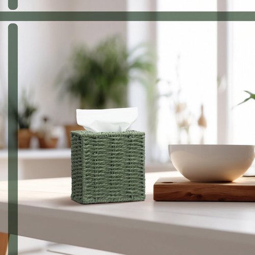 Acellegic Sage Green Tissue Box Cover Square Natural Paper Rope Hand Woven Tissue Box Holder for Bathroom Living Room Bedroom Kitchen Table Desk Office Boho Home Decor