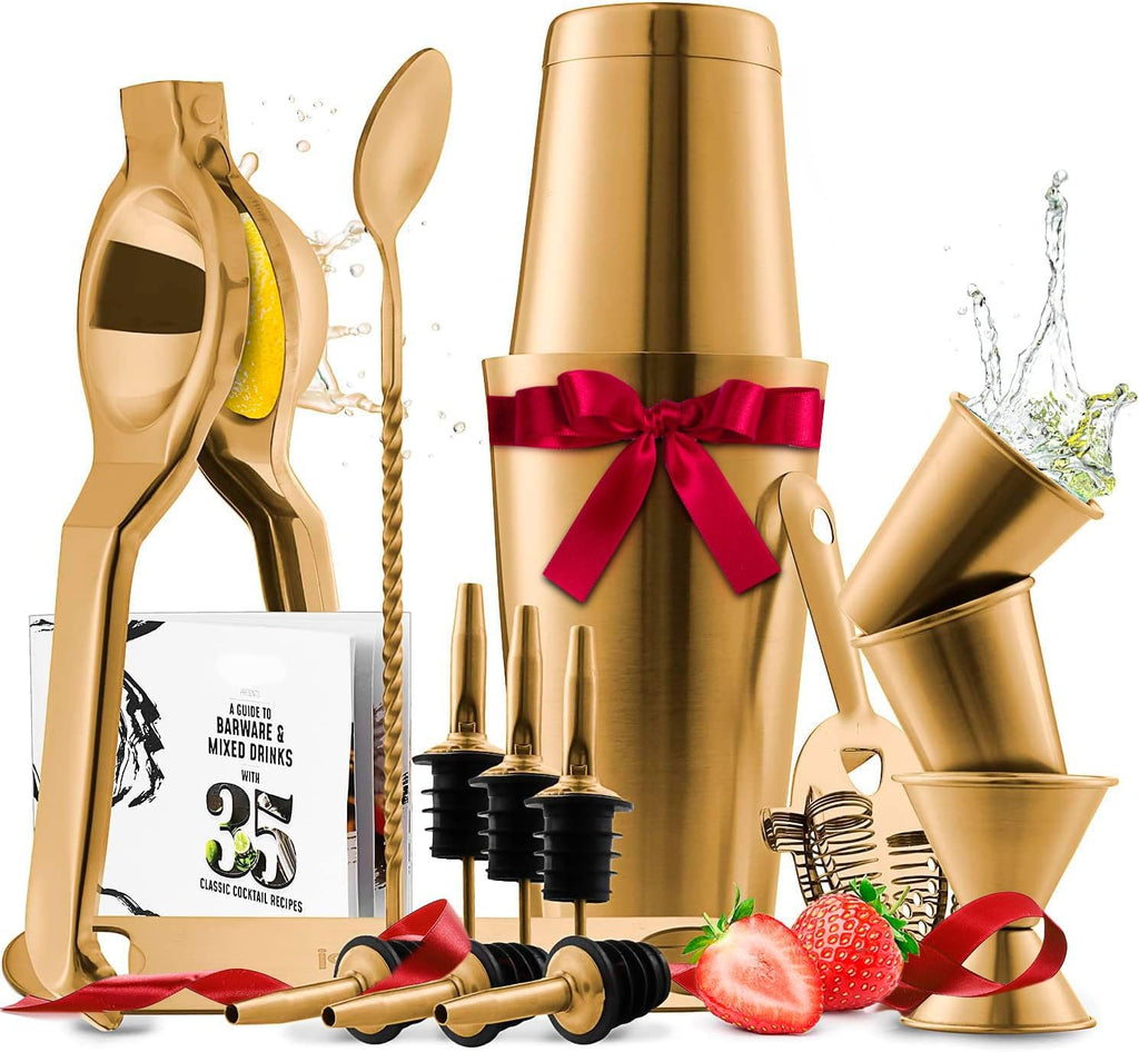 Skiennix 16-Piece Cocktail Shaker Set - Premium Stainless Steel Mixology Kit | Gold Bar Tools & Recipe Book