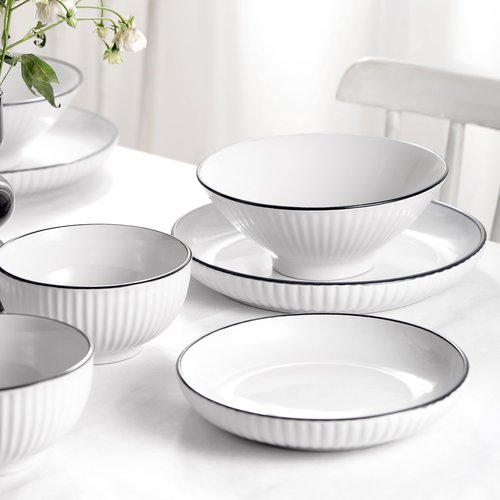 Christian Siriano Lustra Modern 16-Piece Stoneware Dinnerware Set, Plates and Bowls Set, Dinner and Salad Plates, Ramen Bowls, Dishes for 4, White
