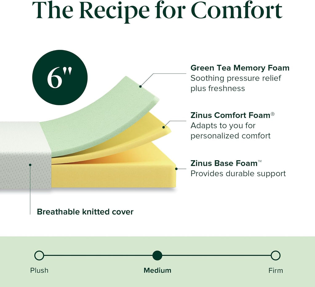 ZINUS 6 Inch Short Queen Green Tea Memory Foam Mattress - Medium Firm, Zoned Pressure Relief, Fiberglass Free
