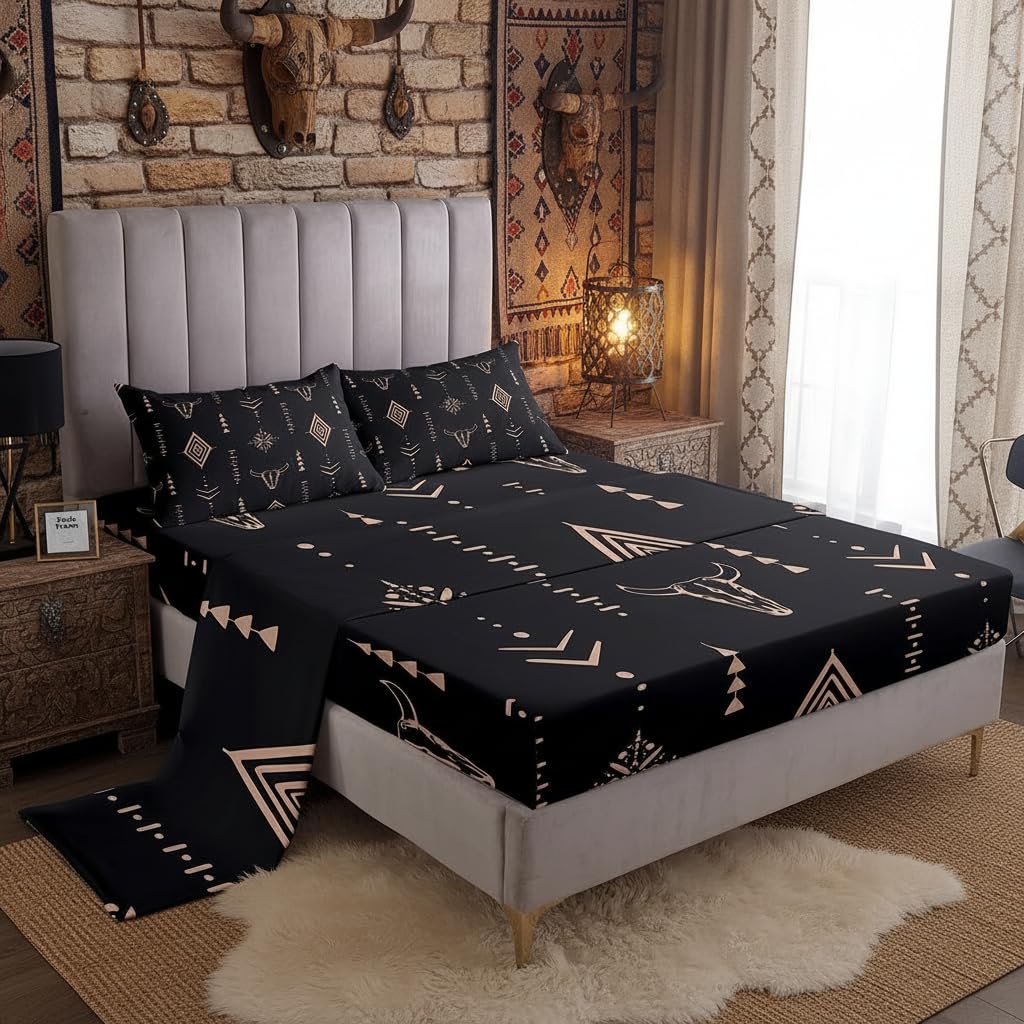 Bull Skull Bed Sheets Set King Boho Sheet Set Ethnic Horns Bohemian Sheets Brown Tribal Symbol Mysterious Aztec Bedroom Decor Abstract Geometric Flat Fitted Sheet for Men Boys